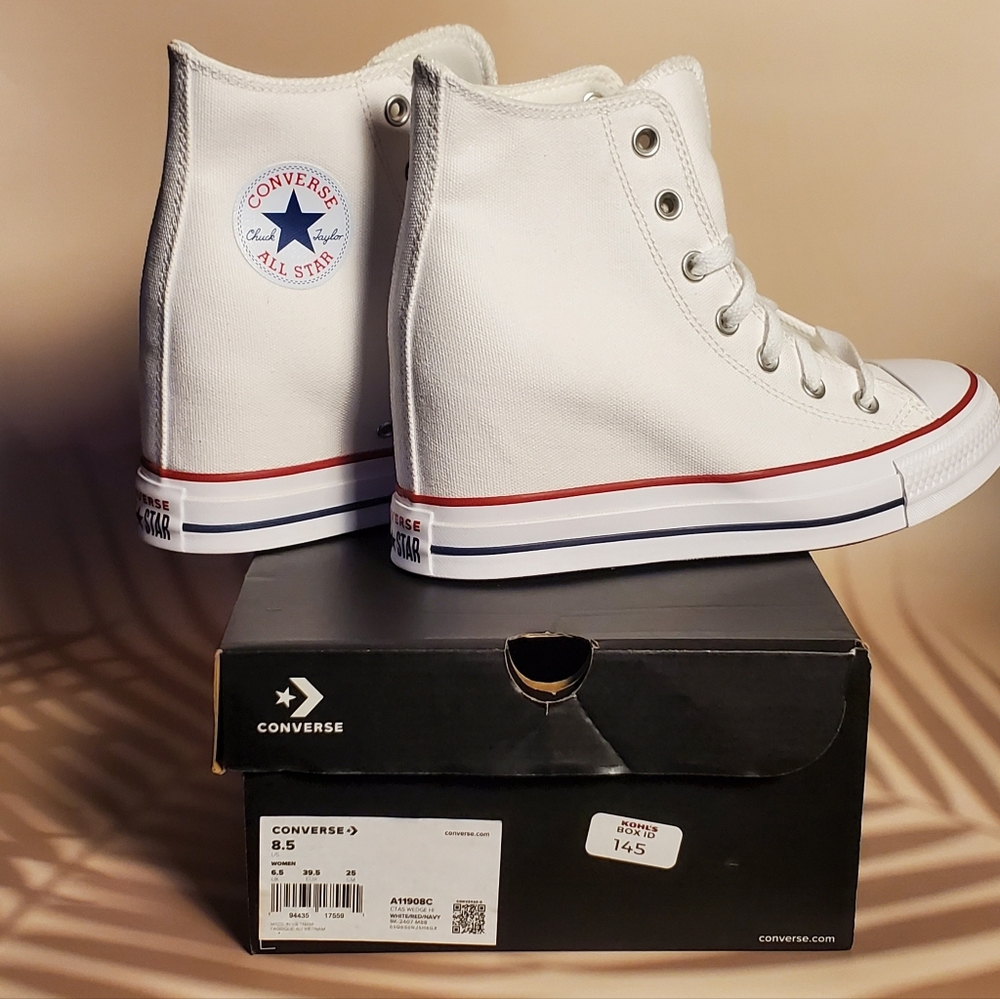 Converse All Star White Wedge High-Tops with Red and Blue Trim